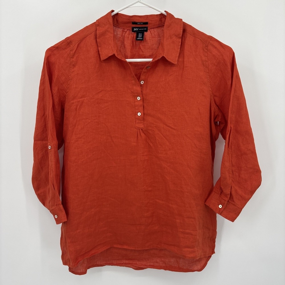 Jones‎ New York Womens 100% Linen Shirt Size 1X Orange Quarter Button Collared